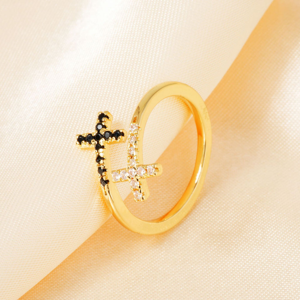 Micro pave cubic zirconia cz crystal double cross bypass open cuff adjustable ring stainless steel jewelry in waterproof 18k gold plated finish.