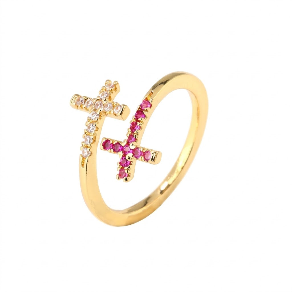 Micro pave cubic zirconia cz crystal double cross bypass open cuff adjustable ring stainless steel jewelry in waterproof 18k gold plated finish.