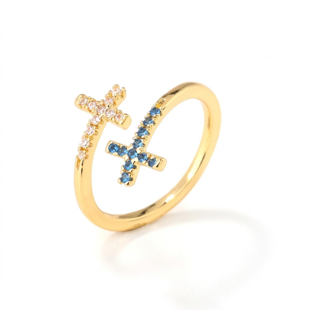 Micro pave cubic zirconia cz crystal double cross bypass open cuff adjustable ring stainless steel jewelry in waterproof 18k gold plated finish.
