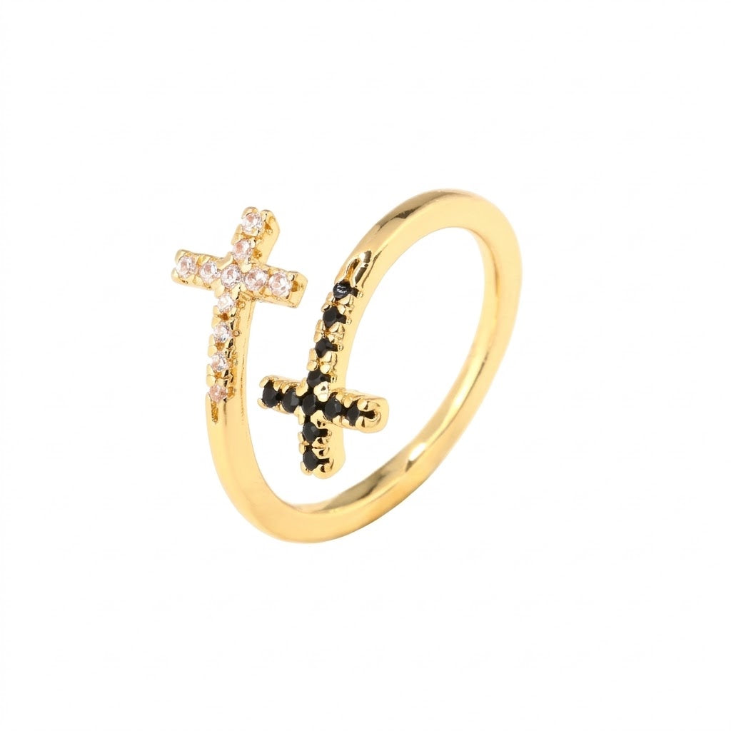 Micro pave cubic zirconia cz crystal double cross bypass open cuff adjustable ring stainless steel jewelry in waterproof 18k gold plated finish.