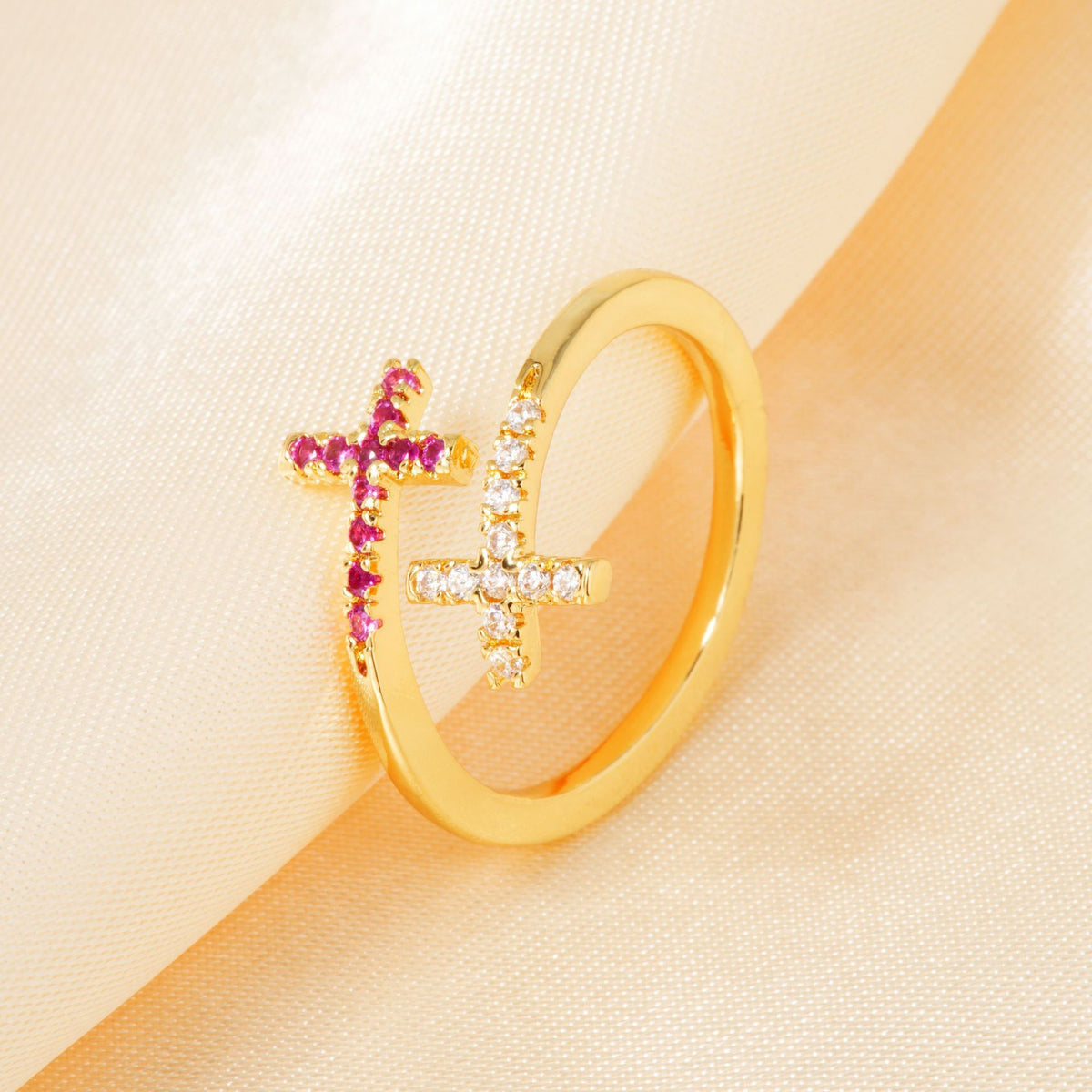 Micro pave cubic zirconia cz crystal double cross bypass open cuff adjustable ring stainless steel jewelry in waterproof 18k gold plated finish.