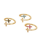 Micro pave cubic zirconia cz crystal double cross bypass open cuff adjustable ring stainless steel jewelry in waterproof 18k gold plated finish.