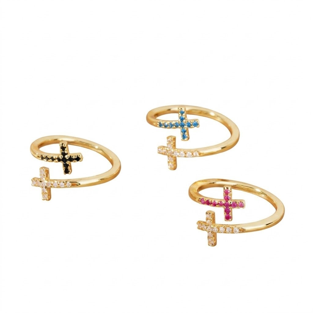 Micro pave cubic zirconia cz crystal double cross bypass open cuff adjustable ring stainless steel jewelry in waterproof 18k gold plated finish.