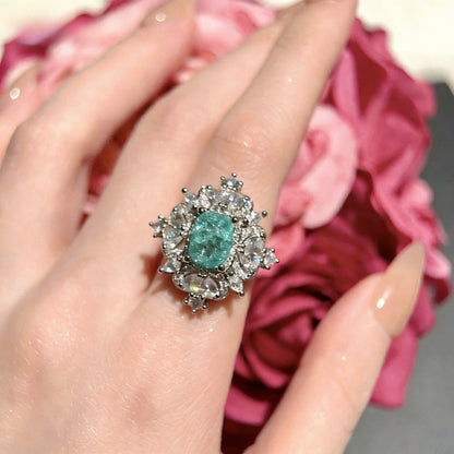 Peacock Green Crackle Stone Flower Ring – Pavé Zircon Halo Open Band
