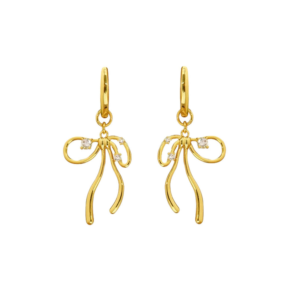 Elegant fluid ribbon bow charm huggie hoop earrings with cubic zirconia in 18k gold plated jewelry