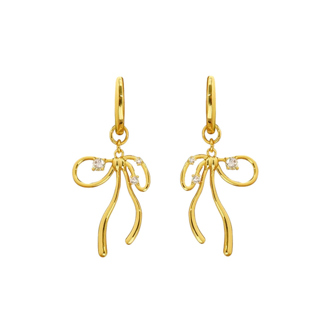 Elegant fluid ribbon bow charm huggie hoop earrings with cubic zirconia in 18k gold plated jewelry