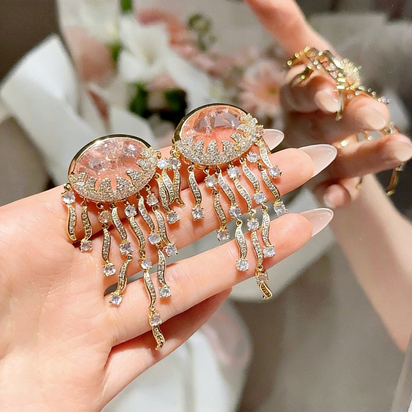 Gilded Powder Cloud Pattern Jellyfish Tassel Gemstone Earrings