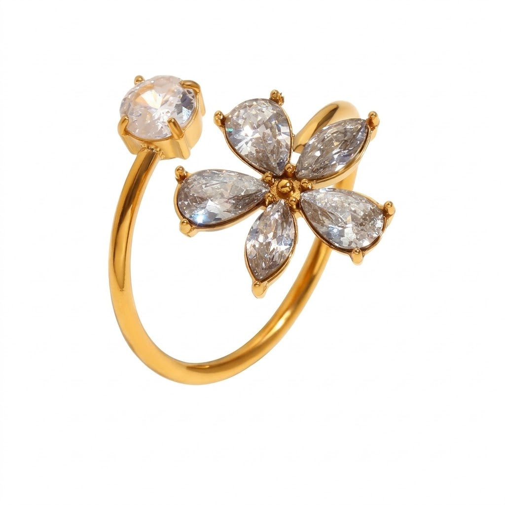 Marquise cubic zirconia cz crystal five petal flower and solitaire round stone open cuff adjustable ring stainless steel jewelry in waterproof 18k gold plated finish.