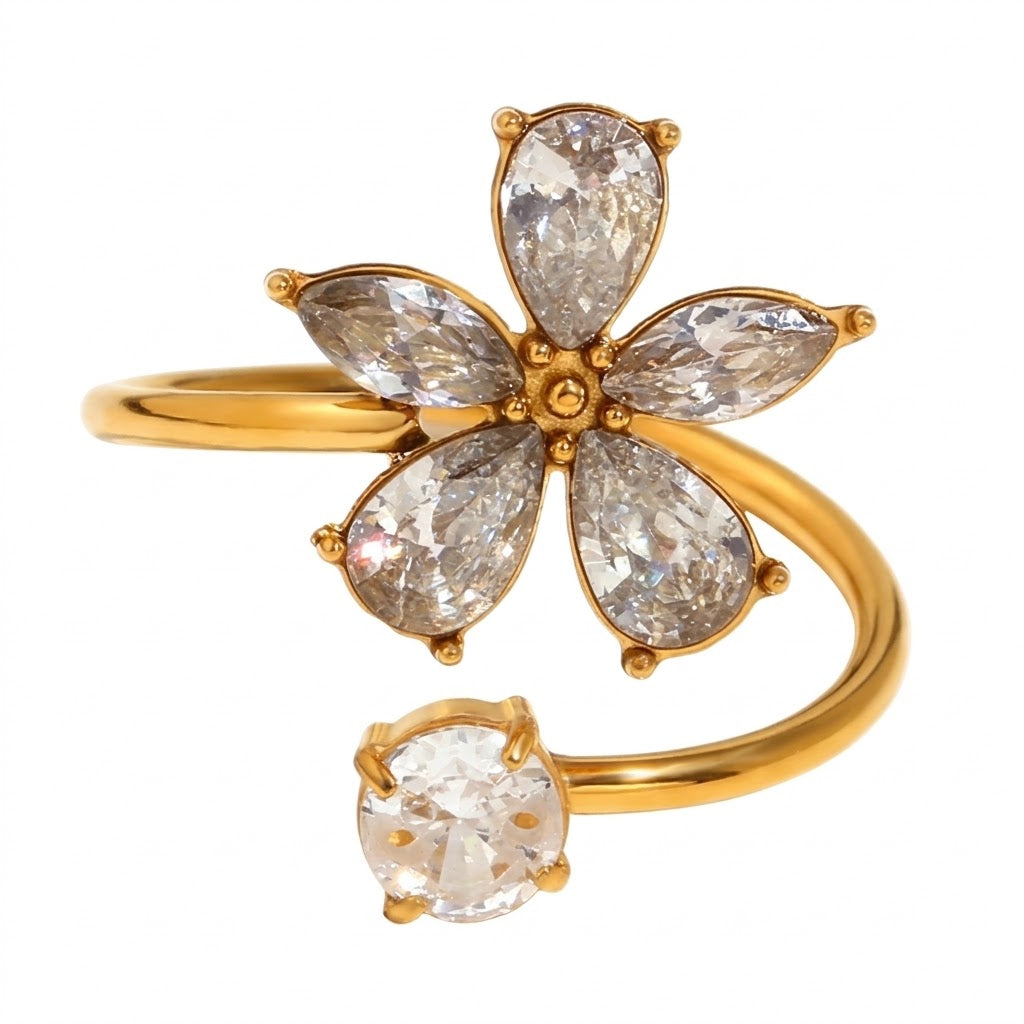 Marquise cubic zirconia cz crystal five petal flower and solitaire round stone open cuff adjustable ring stainless steel jewelry in waterproof 18k gold plated finish.
