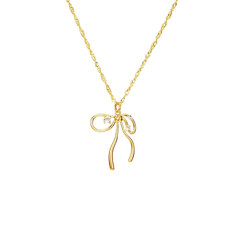 Fluid ribbon bow pendant Singapore twist chain necklace with sparkling crystal accents in 18k gold plated jewelry.