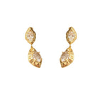 A pair of geometric drop earrings with a hammered gold texture and brilliant oval zircon accents