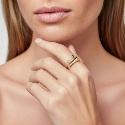 Unique Gold Plated Crocodile Open Ring with Sparkling Cubic Zirconia Pavé and Green Zircon Eye Accent