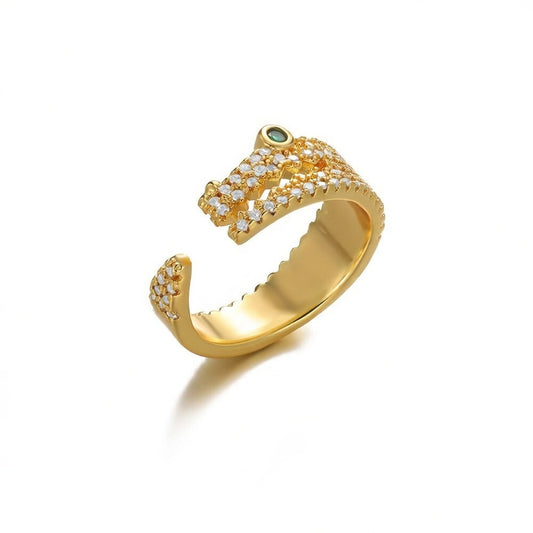 Unique Gold Plated Crocodile Open Ring with Sparkling Cubic Zirconia Pavé and Green Zircon Eye Accent