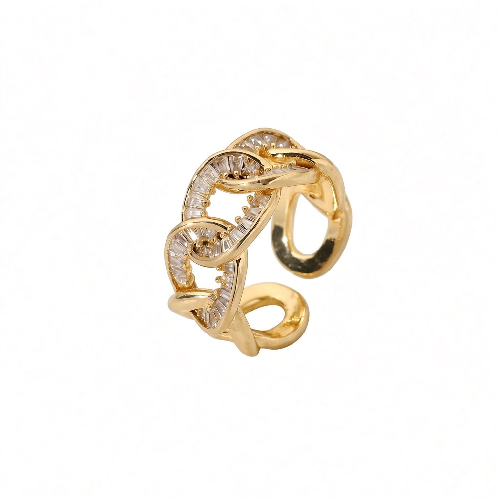 Bold Interlocked Cuban Chain Sparkle Ring with Full Zircon and High-Quality Gold Plating