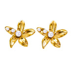 Paired gold flower stud earrings featuring a central white pearl in an elegant blooming petal design