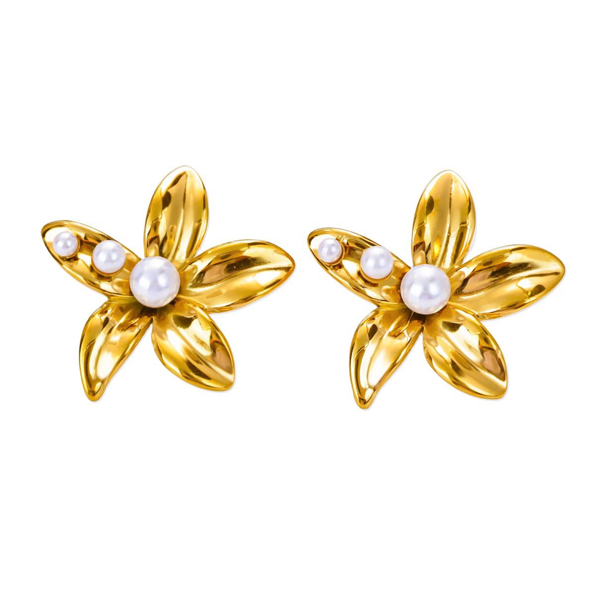 Paired gold flower stud earrings featuring a central white pearl in an elegant blooming petal design