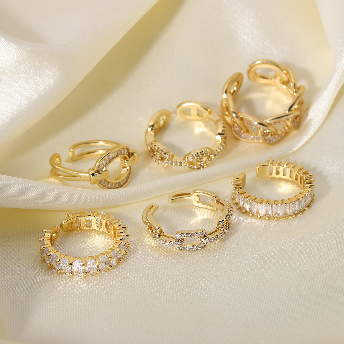 Elegant Gold Open Ring featuring Dual Shimmering Zircon Clusters in a Modern Adjustable Band