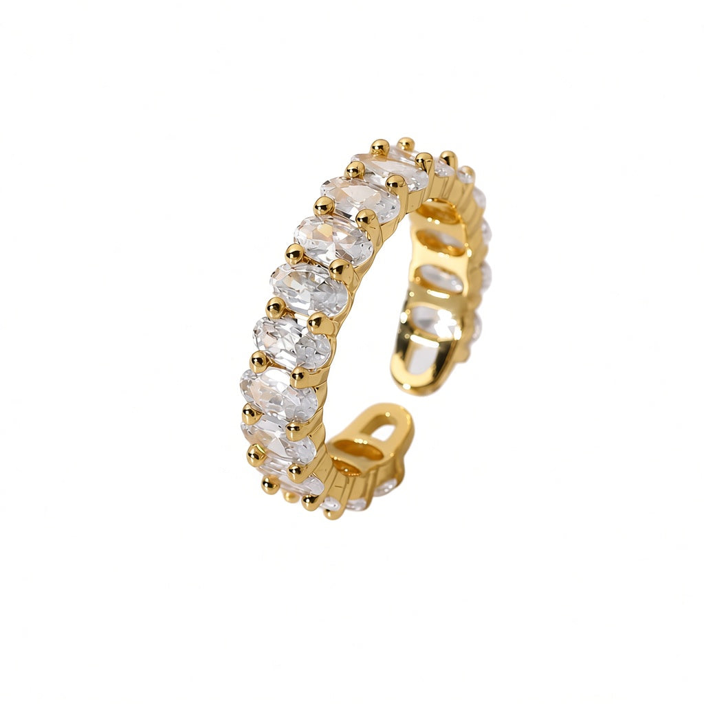 Elegant Gold Open Ring featuring Dual Shimmering Zircon Clusters in a Modern Adjustable Band