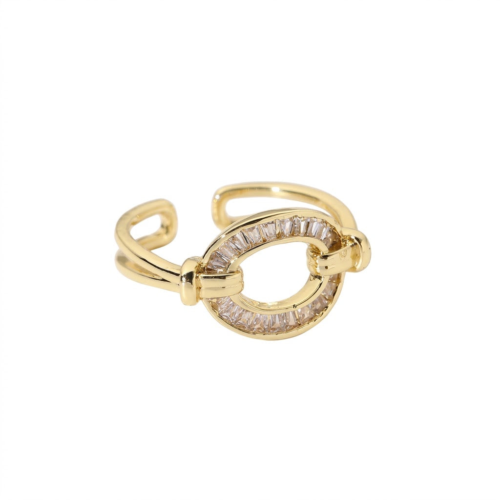 Unique Gold Geometric Wave Open Ring with Sparkling Zircon Clusters and Modern Asymmetric Design