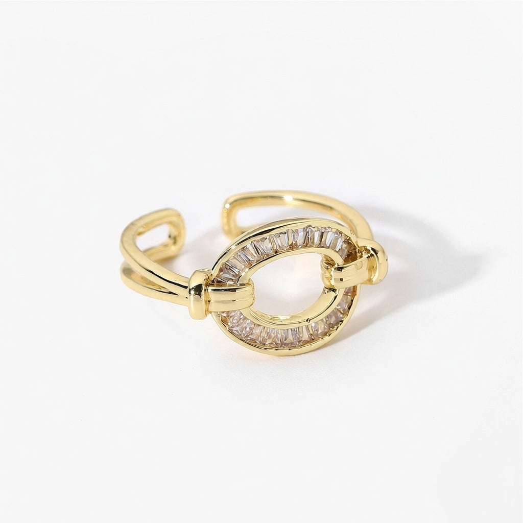 Unique Gold Geometric Wave Open Ring with Sparkling Zircon Clusters and Modern Asymmetric Design