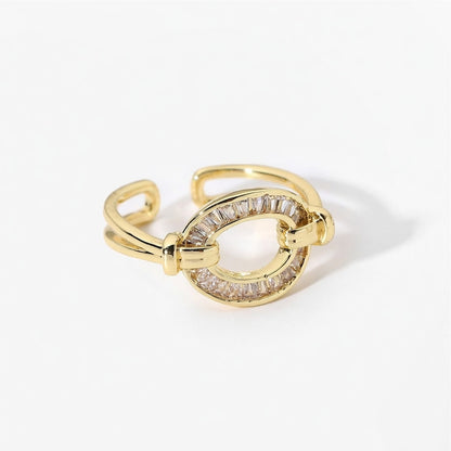 Unique Gold Geometric Wave Open Ring with Sparkling Zircon Clusters and Modern Asymmetric Design