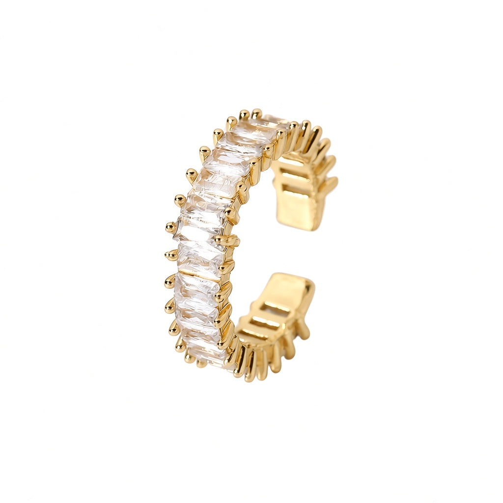 Classic Gold Open Ring featuring a Half-Eternity Row of Sparkling Zircon Accents in a Sleek Adjustable Band