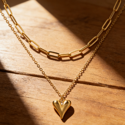 Elegant gold double-layer necklace featuring a minimalist heart pendant on a chic layered delicate chain