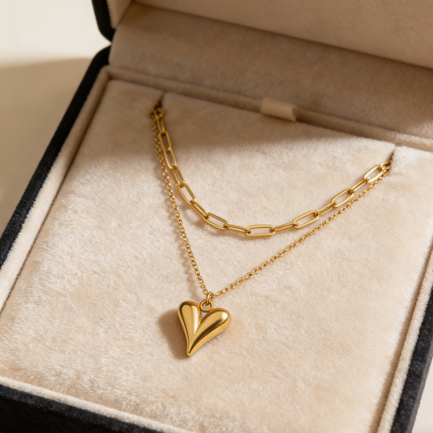 Elegant gold double-layer necklace featuring a minimalist heart pendant on a chic layered delicate chain