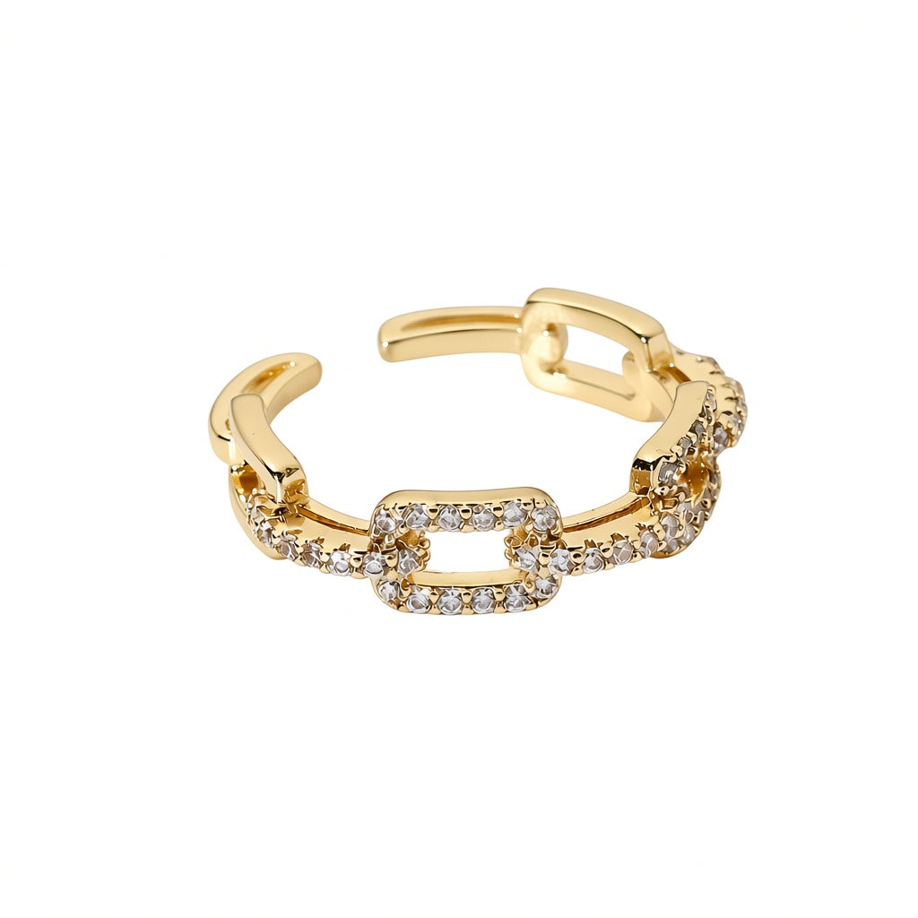 Unique Gold Open Ring featuring a Hollow Circle Design and Sparkling Zircon Cluster Accents in a Modern Adjustable Band