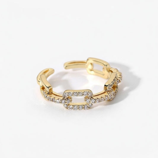 Unique Gold Open Ring featuring a Hollow Circle Design and Sparkling Zircon Cluster Accents in a Modern Adjustable Band