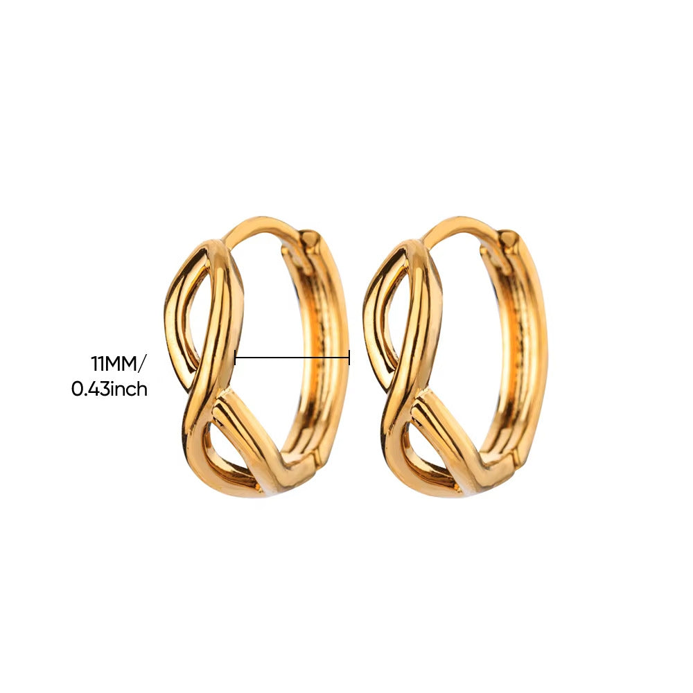 Paired minimalist gold stud earrings featuring a polished infinity symbol design for an elegant, timeless look