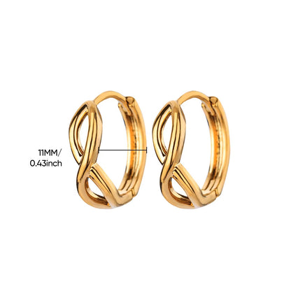 Paired minimalist gold stud earrings featuring a polished infinity symbol design for an elegant, timeless look