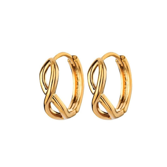 Paired minimalist gold stud earrings featuring a polished infinity symbol design for an elegant, timeless look