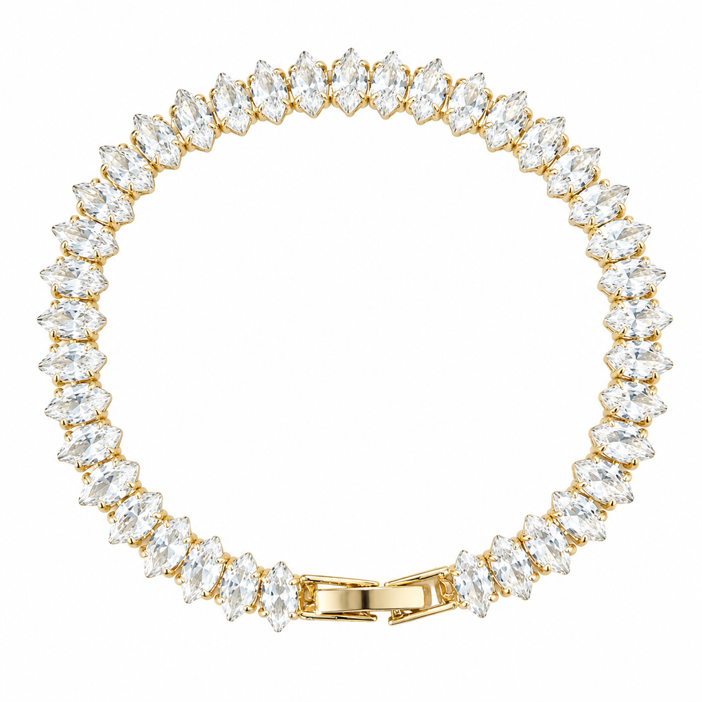 Elegant gold tennis bracelet featuring marquise-cut white cubic zirconia stones in a leaf-style continuous link