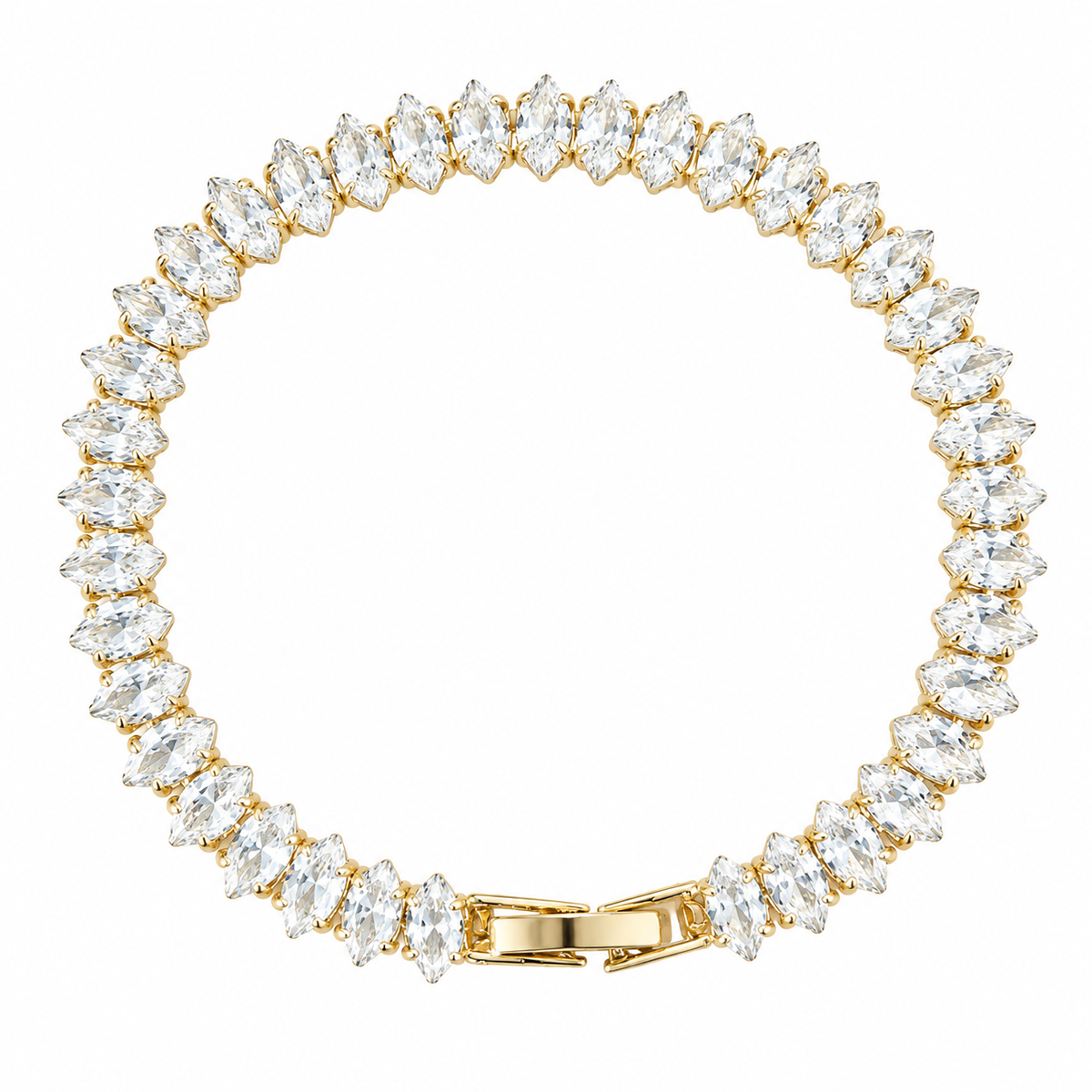 Elegant gold tennis bracelet featuring marquise-cut white cubic zirconia stones in a leaf-style continuous link