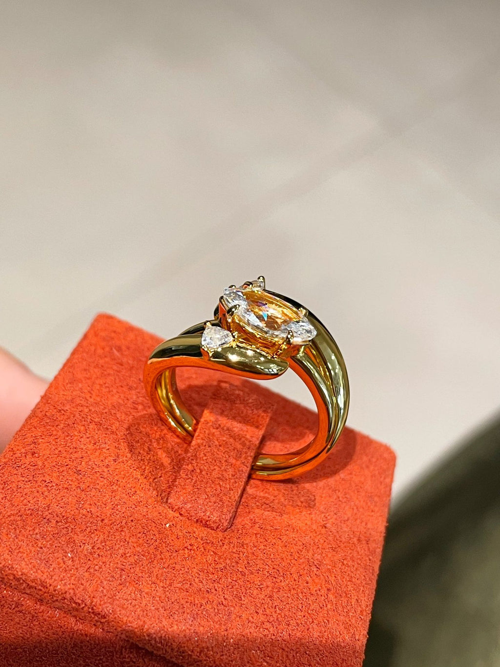 Elegant Gold Stackable Ring featuring a Marquise-cut Zircon centerpiece with Sparkling Pavé Accents on a Wavy Band