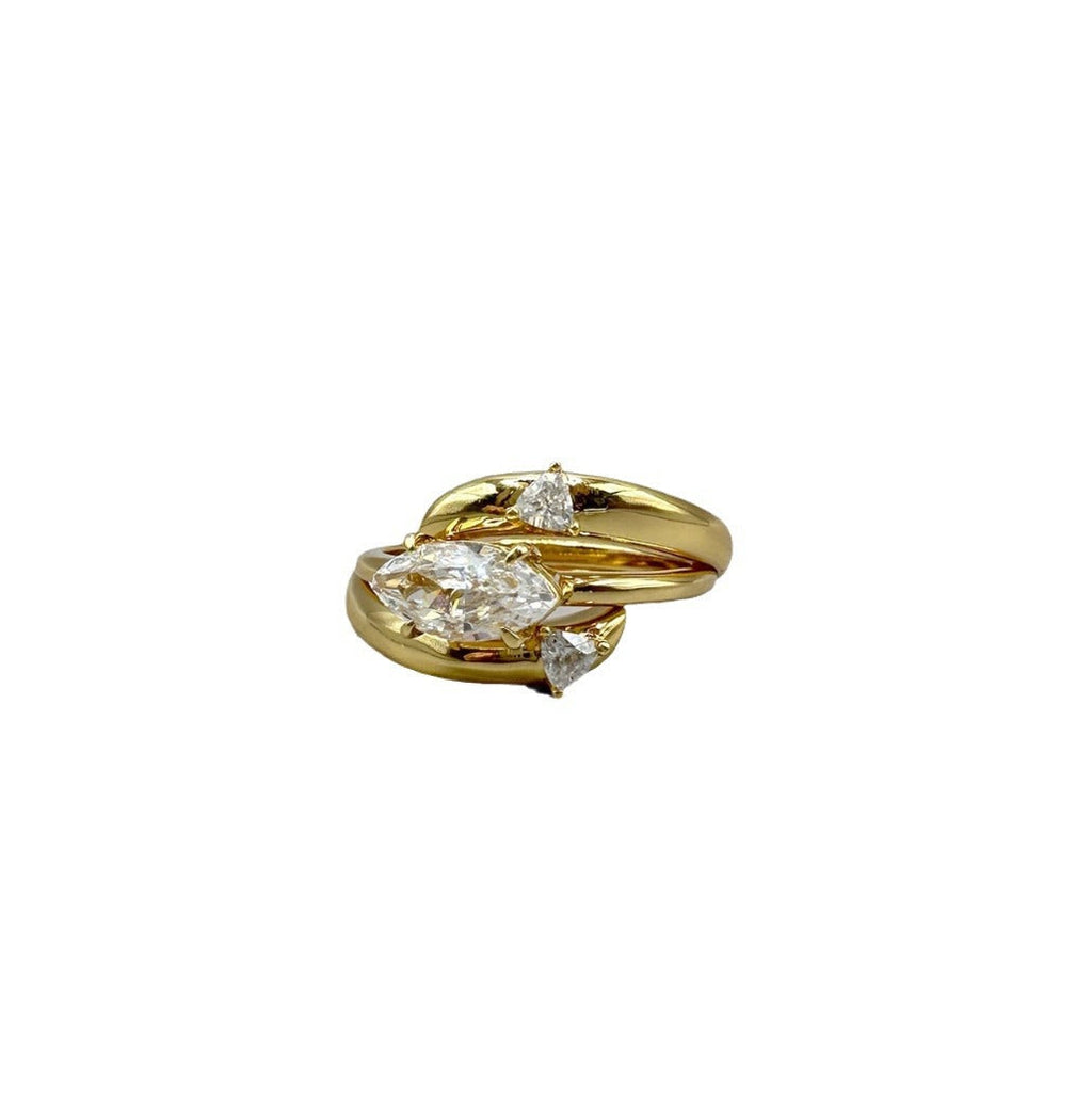 Elegant Gold Stackable Ring featuring a Marquise-cut Zircon centerpiece with Sparkling Pavé Accents on a Wavy Band