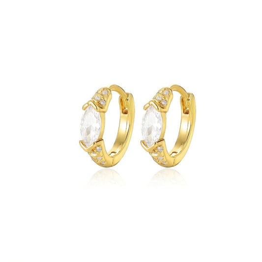 Elegant paired gold huggie hoop earrings with continuous clear zirconia and a central marquise-cut stone