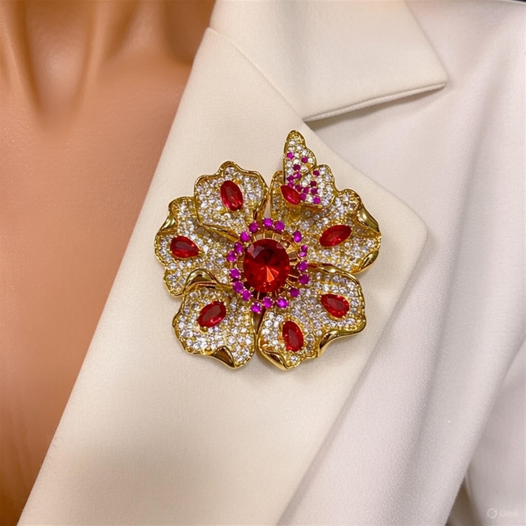 Elegant gold plated double-petal flower brooch featuring sparkling white cubic zirconia in a blooming design