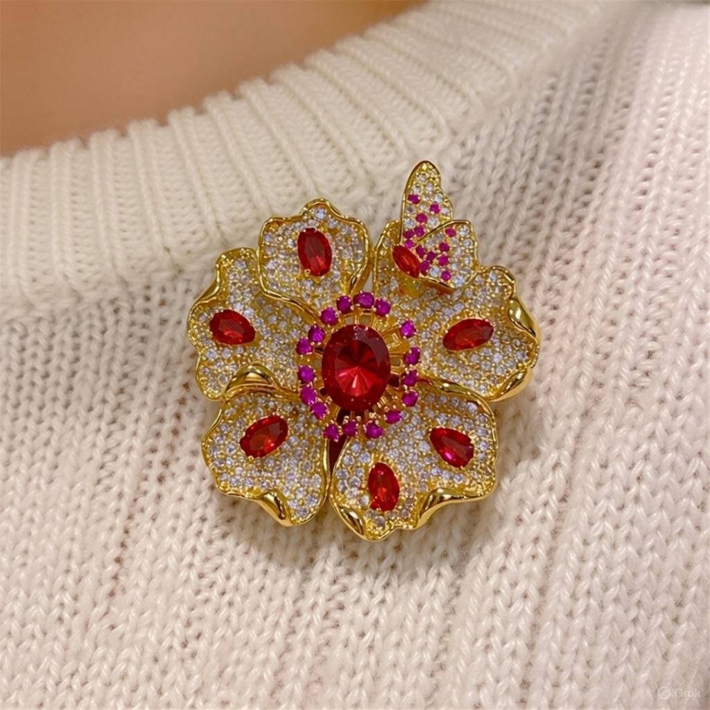 Elegant gold plated double-petal flower brooch featuring sparkling white cubic zirconia in a blooming design
