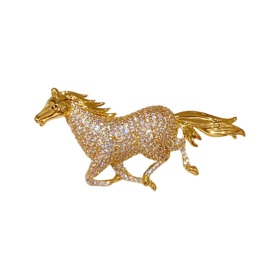 Golden running horse brooch featuring sparkling white cubic zirconia stones in a detailed animal-inspired design