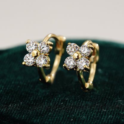 Gold S925 silver clover stud earrings featuring a brilliant moissanite pave setting for a lucky, elegant look