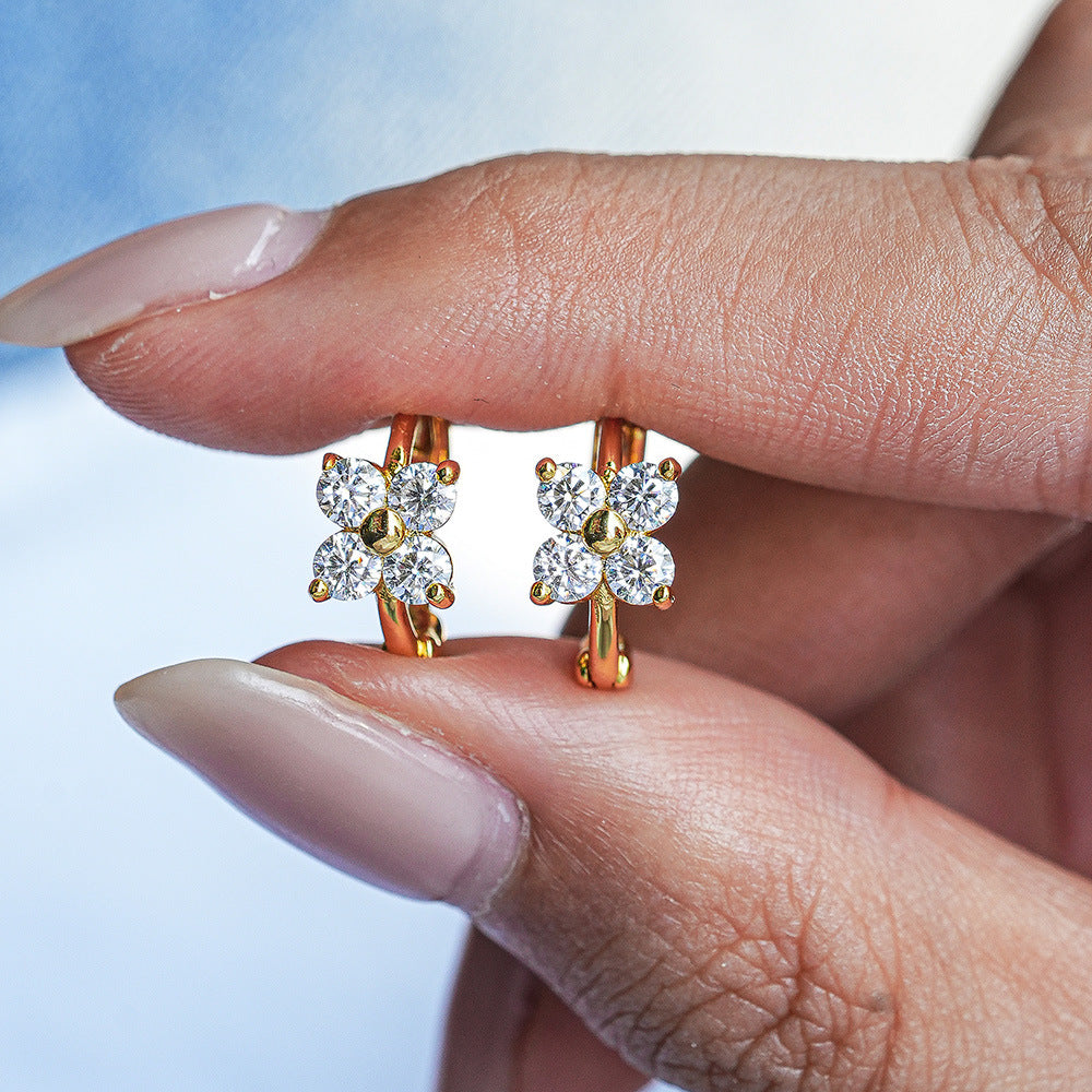 Gold S925 silver clover stud earrings featuring a brilliant moissanite pave setting for a lucky, elegant look