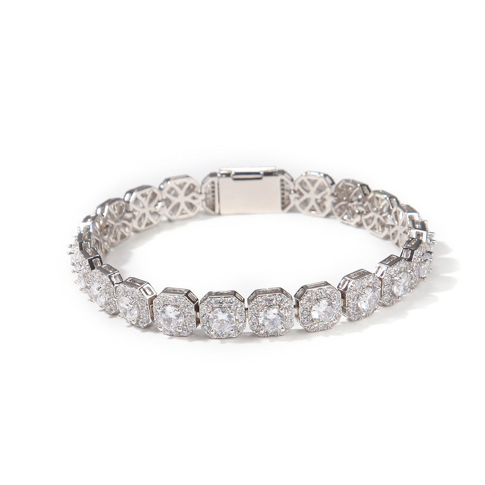 Elegant halo bracelet with a round cubic zirconia center and silver gold plating in a minimalist chain design