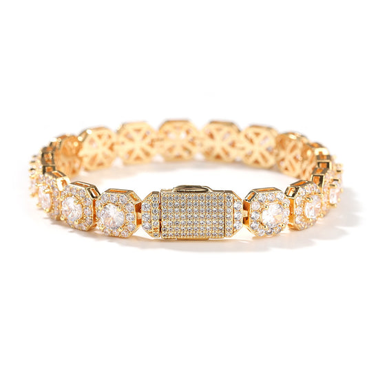 Elegant halo bracelet with a round cubic zirconia center and silver gold plating in a minimalist chain design.
