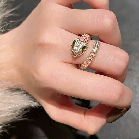 Exotic Gold Pink Snake Open Ring with Shimmering Zircon Pavé Detailing in a Fluid Serpent Design