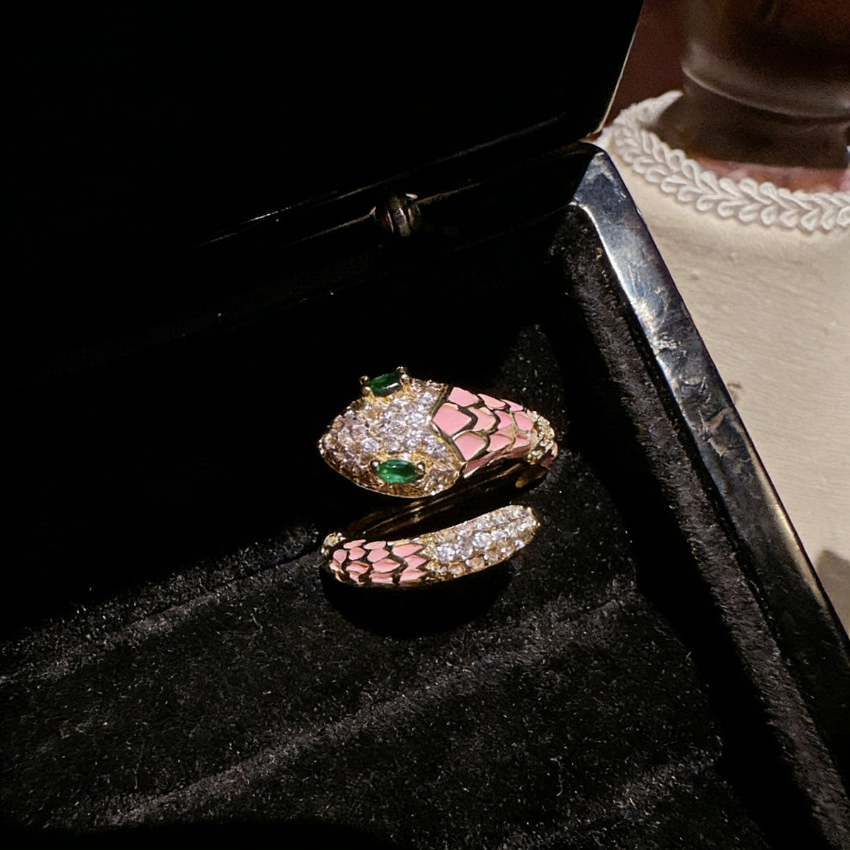 Exotic Gold Pink Snake Open Ring with Shimmering Zircon Pavé Detailing in a Fluid Serpent Design