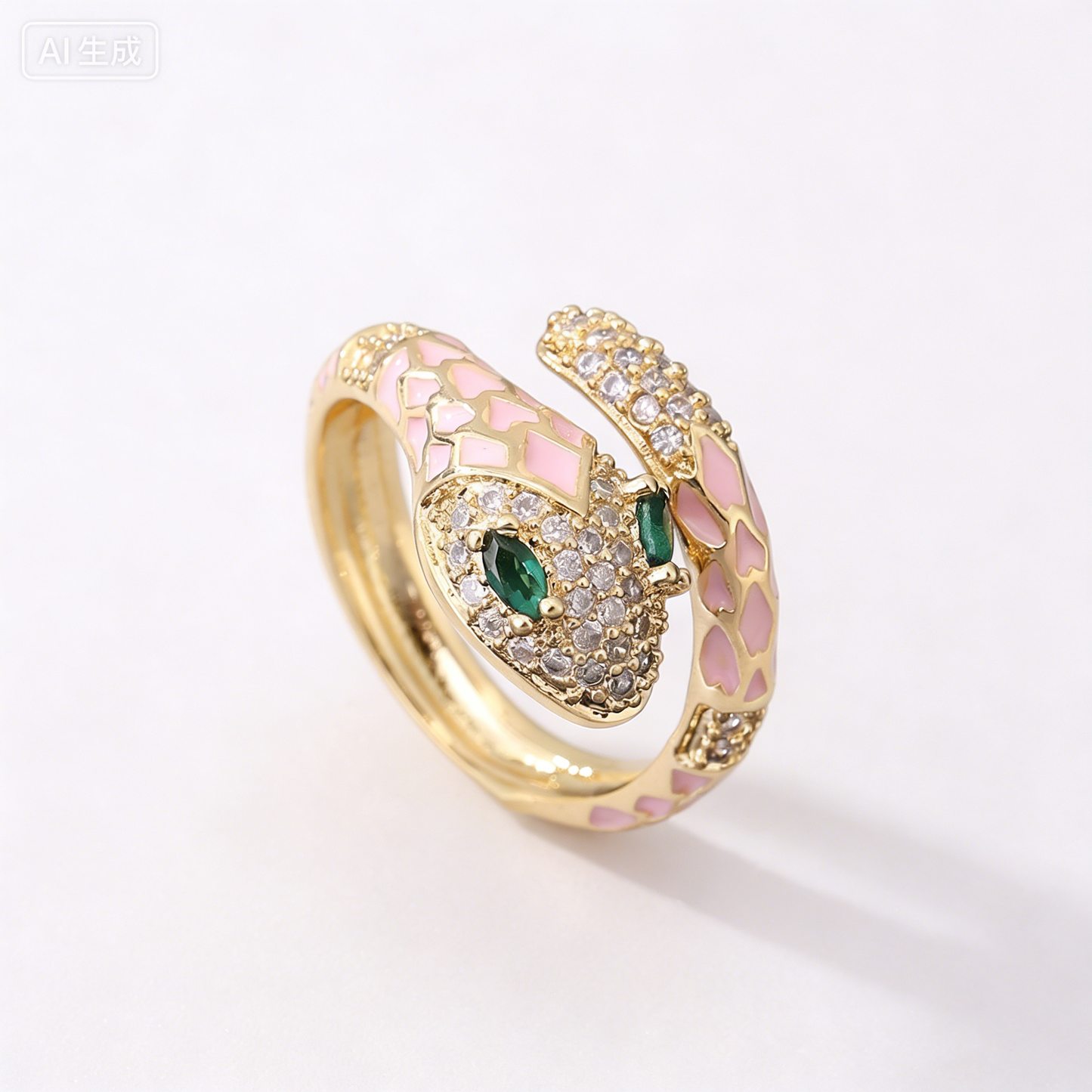 Exotic Gold Pink Snake Open Ring with Shimmering Zircon Pavé Detailing in a Fluid Serpent Design