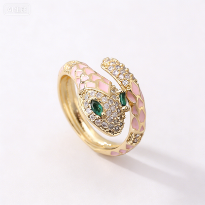 Exotic Gold Pink Snake Open Ring with Shimmering Zircon Pavé Detailing in a Fluid Serpent Design