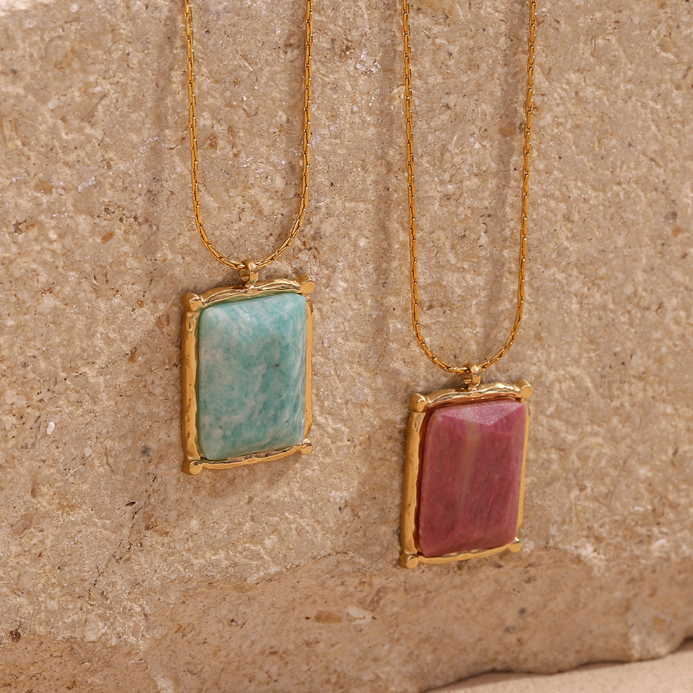 Elegant gold necklace featuring a vibrant square natural gemstone pendant, available in rose pink and aqua green